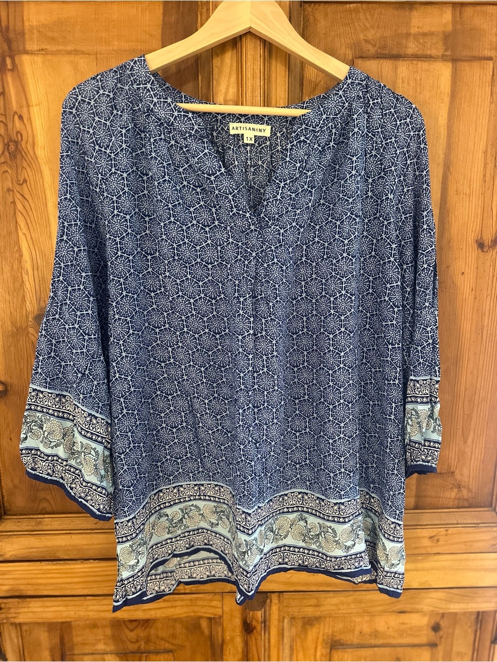Women’s Boho Navy and White Printed Blouse 1X